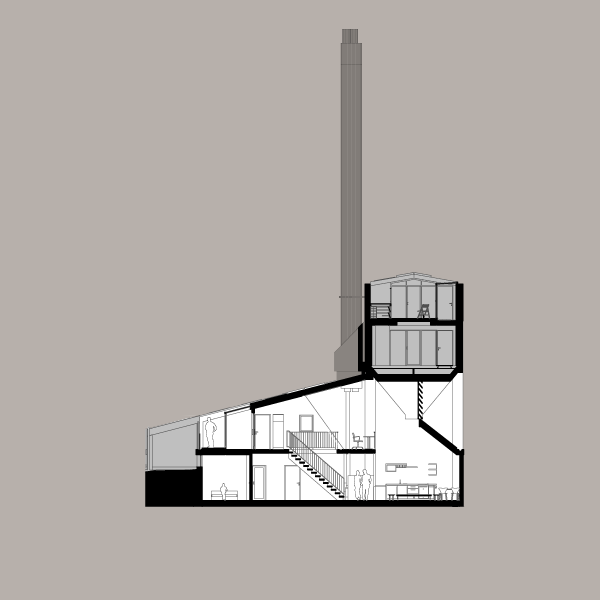 Section through flat 4, showing figure on roof terrace beyond winter garden